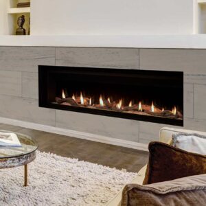 DRL6000 Series linear direct vent gas fireplace with heat blower and remote.