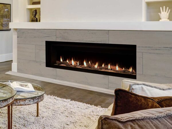 DRL6000 Series linear direct vent gas fireplace with heat blower and remote.