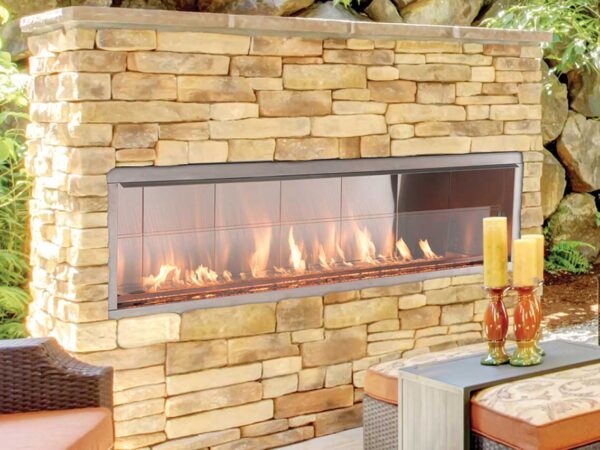 VRE4600 Series linear outdoor, light-up gas fireplace.