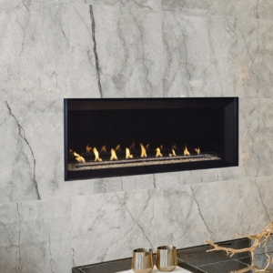 VRL6000 Series linear vent-free gas fireplace with heat blower and remote.