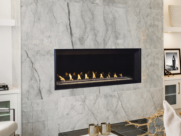 VRL6000 Series linear vent-free gas fireplace with heat blower and remote.