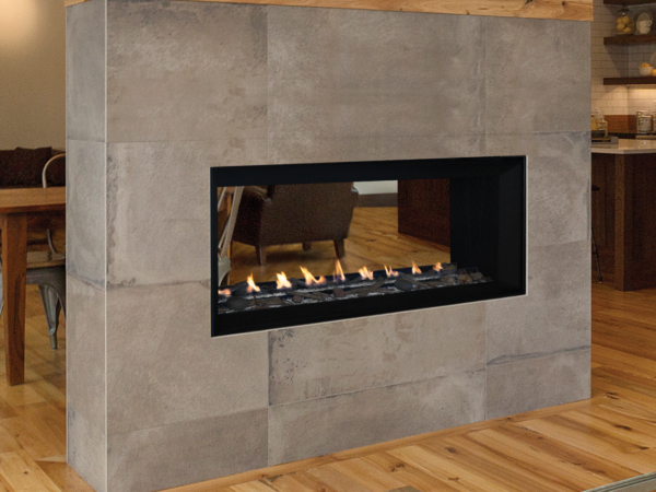 VRL6000 Series linear vent-free gas fireplace with heat blower and remote.